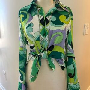 ZARA Green Multi-Print Tie-Front Button Shirt NWT looks like Pucci